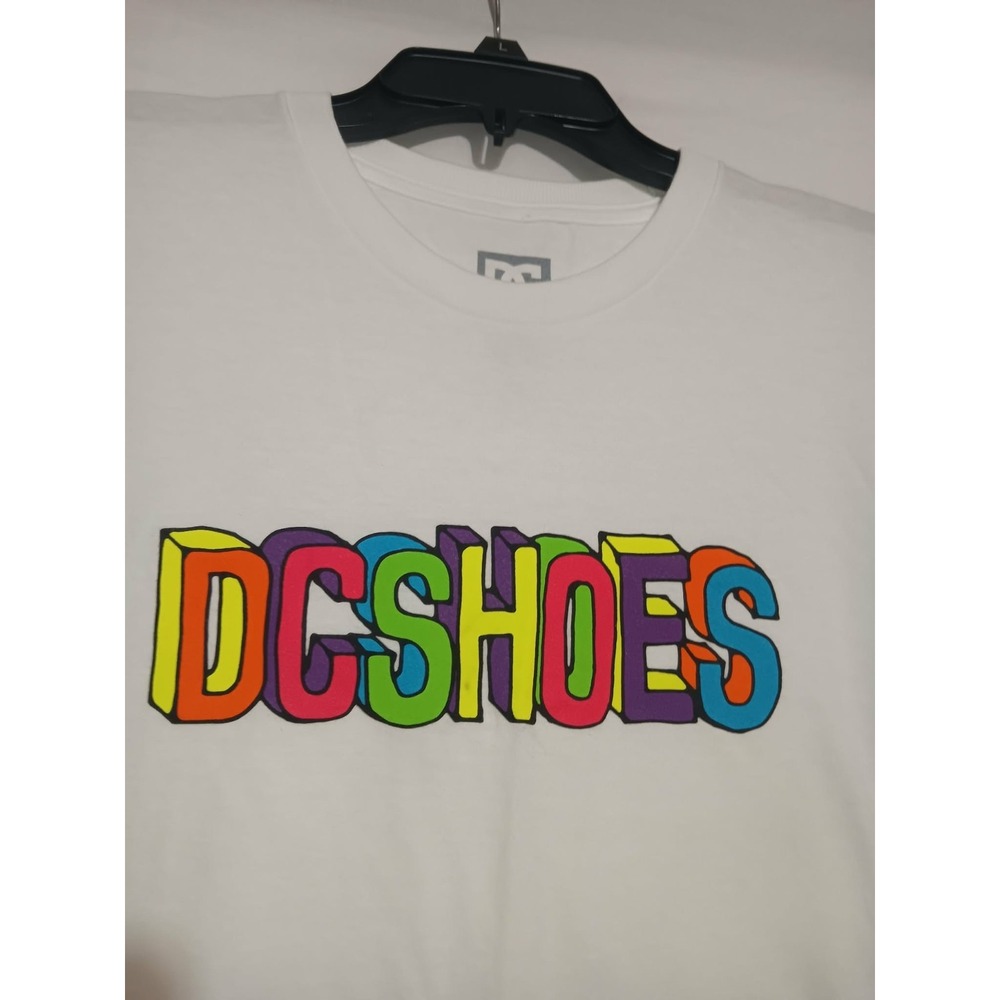DC Shoes Mens Size Large White Colorful Block Bubble Logo Graphic T-Shirt Skater
